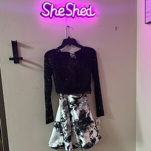 Sequin Hearts Black Lace Top with Floral Skirt Dress